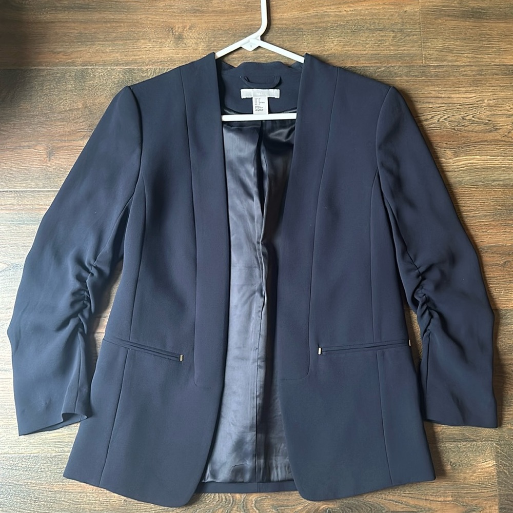 H&M Cinched Elbow Blazer Navy 4 NWOT